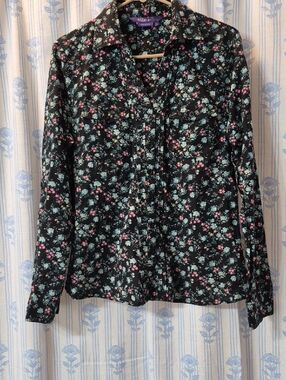 Miley Cyrus MAX Azria Black Floral Button Long Sleeve Blouse Sz L